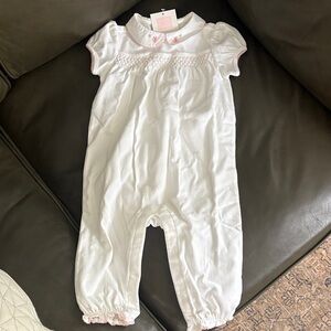 Janie and Jack White Smocked Cotton One-Piece with Pink Trim